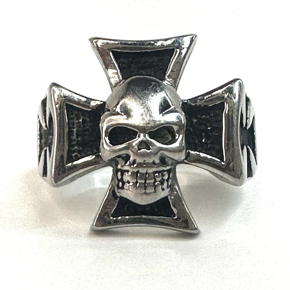Iron Cross & Skull Ring Stainless Steel Unisex Biker 3-sided Design Sz 13